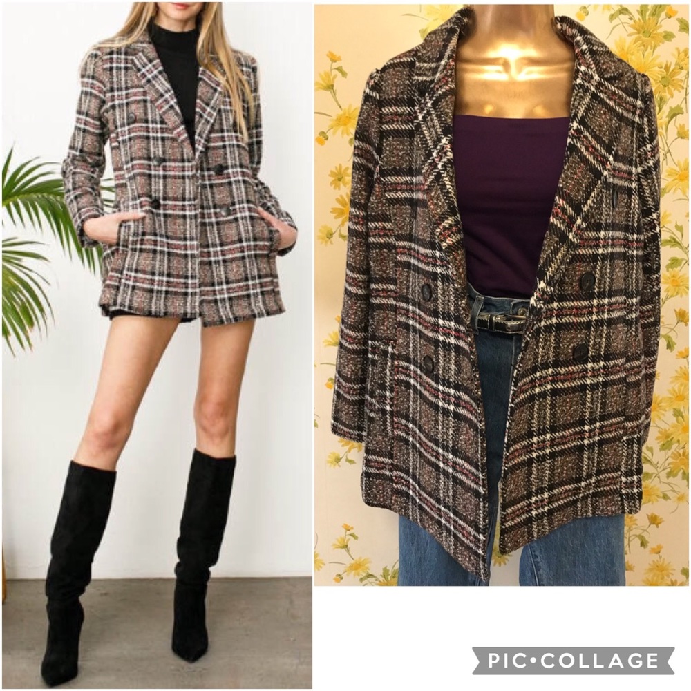 Boutique Blue B collection plaid tweed blazer brown size M - Picture 1 of 16